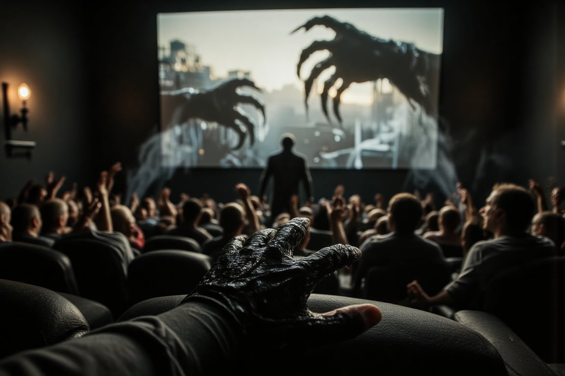 A hyper-realistic image from the perspective of being inside a movie, looking out toward a real-life cinema audience reacting in terror and shock as Venom’s symbiotic hand reaches out from within the screen. The audience’s expressions range from gasps to covering faces in fear, as they see Venom break the barrier between film and reality. The edges of the cinema screen frame the scene, adding depth to the view from within. Dramatic lighting from the screen casts intense highlights and shadows across the audience, enhancing their expressions and reactions. The scene features dark, moody tones, with sharp contrasts between the symbiotic hand’s organic, dark texture and the bright glow illuminating the audience, creating an immersive, surreal moment,1stPOV_flx,AHaunted,professional film grain horror photography of a dark cursed,smoke and gas spirit rising up