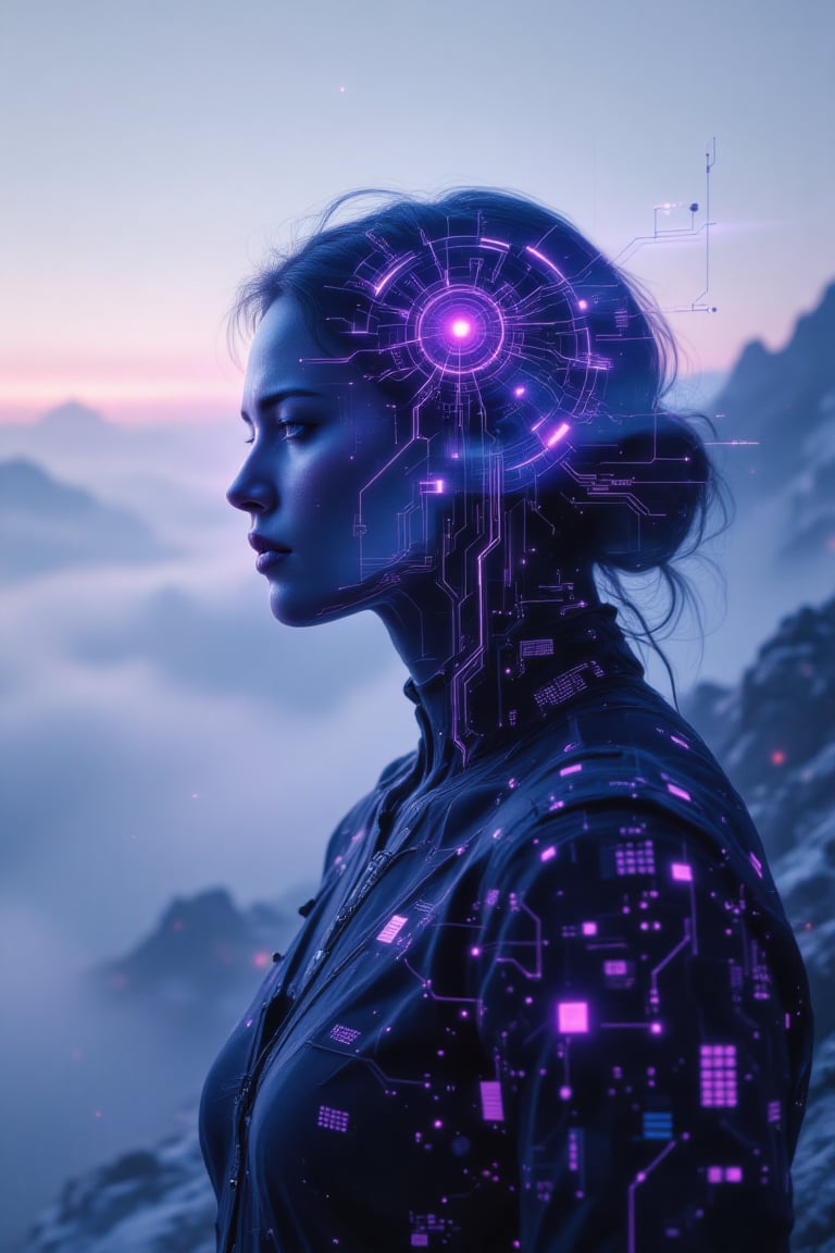 A stylized artistic portrait in double exposure of a human silhouette merging with futuristic technology, the figure's face shows introspective expression. Their profile dissolves into a digital matrix with neon circuitry patterns glowing in purple and cyan, creating a dynamic contrast. The background is a foggy, ethereal landscape fading into high-tech neon-lit digital components, intertwining nature with technology. Soft ambient lighting enhances the serene and reflective mood, while intense technoglow effects emphasize the digital transformation. The scene captures a futuristic blend of human essence and technological evolution,Stylized Double Exposure,Blend In Double Exposure,TechnoGlow,cinematic dramatic color style