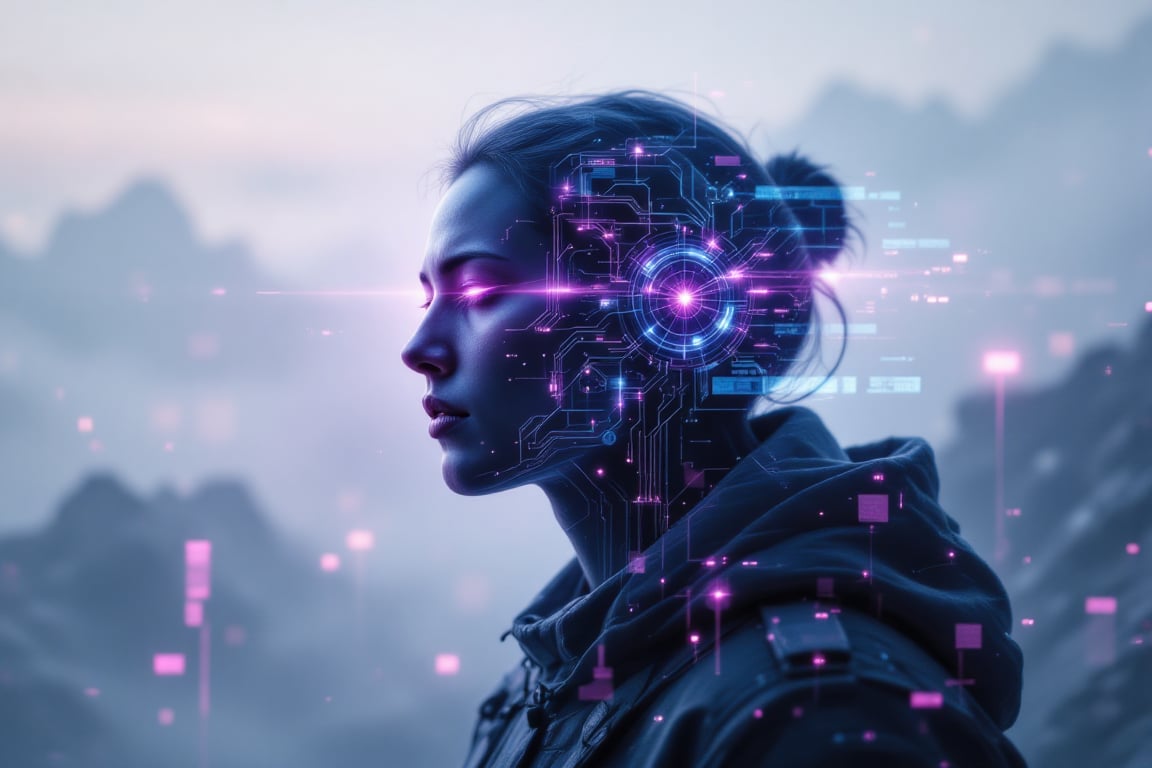 A stylized artistic portrait in double exposure of a human silhouette merging with futuristic technology, the figure's face shows introspective expression. Their profile dissolves into a digital matrix with neon circuitry patterns glowing in purple and cyan, creating a dynamic contrast. The background is a foggy, ethereal landscape fading into high-tech neon-lit digital components, intertwining nature with technology. Soft ambient lighting enhances the serene and reflective mood, while intense technoglow effects emphasize the digital transformation. The scene captures a futuristic blend of human essence and technological evolution,Stylized Double Exposure,Blend In Double Exposure,TechnoGlow,cinematic dramatic color style