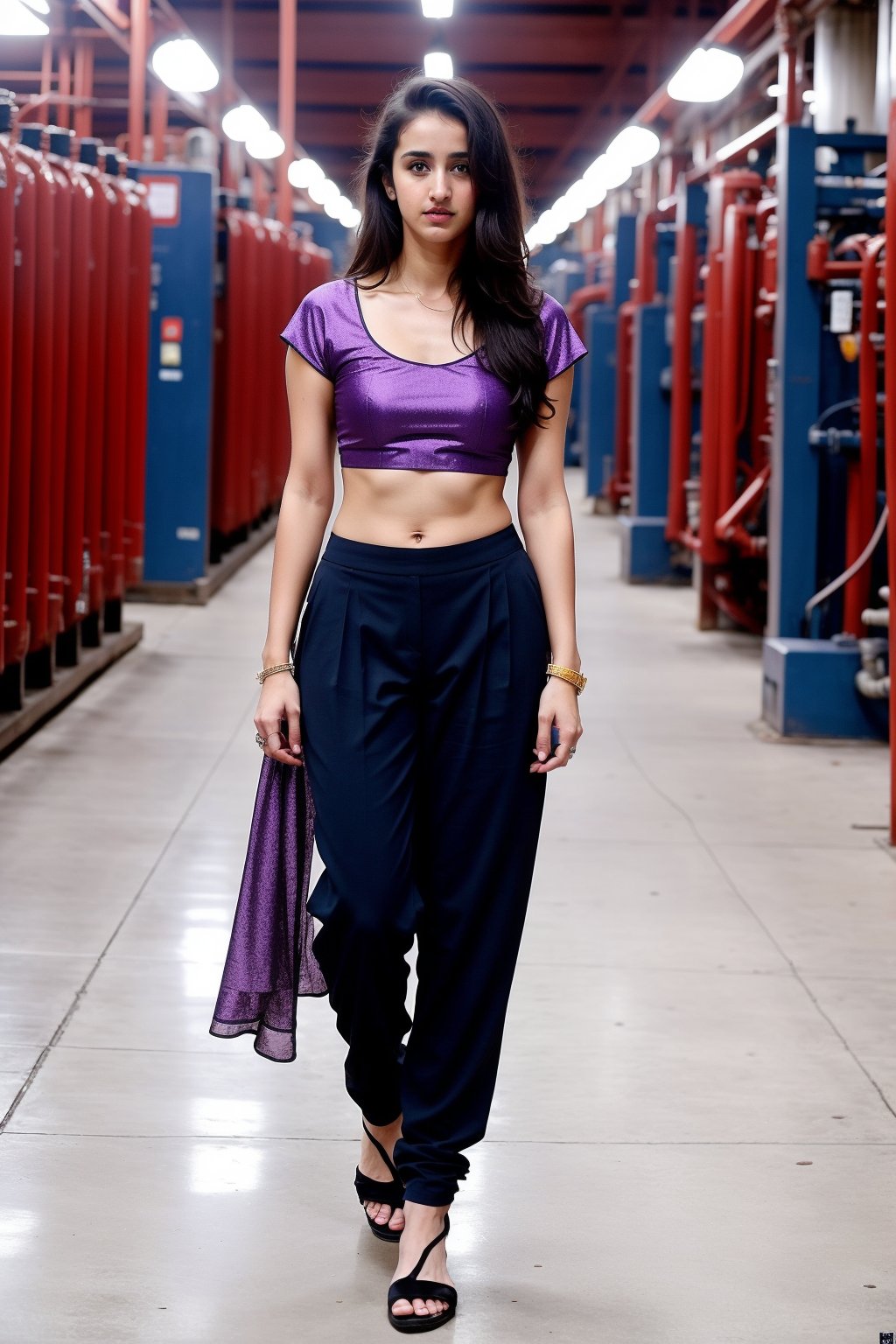 Lovely cute hot Disha patani, acute an Instagram model 22 years old, full-length, long blonde_hair, black hair, no smiley face, winter,standing on a In the schematic factory, Indian, wearing a purple color Churidar, black Lengis pants 