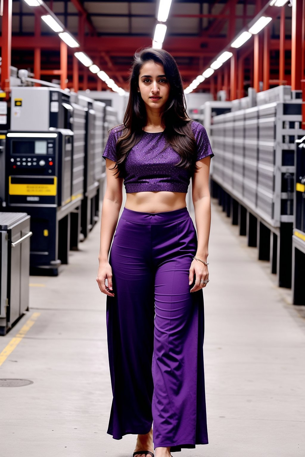 Lovely cute hot Disha patani, acute an Instagram model 22 years old, full-length, long blonde_hair, black hair, no smiley face, winter,standing on a In the schematic factory, Indian, wearing a purple color Churidar, black Lengis pants 