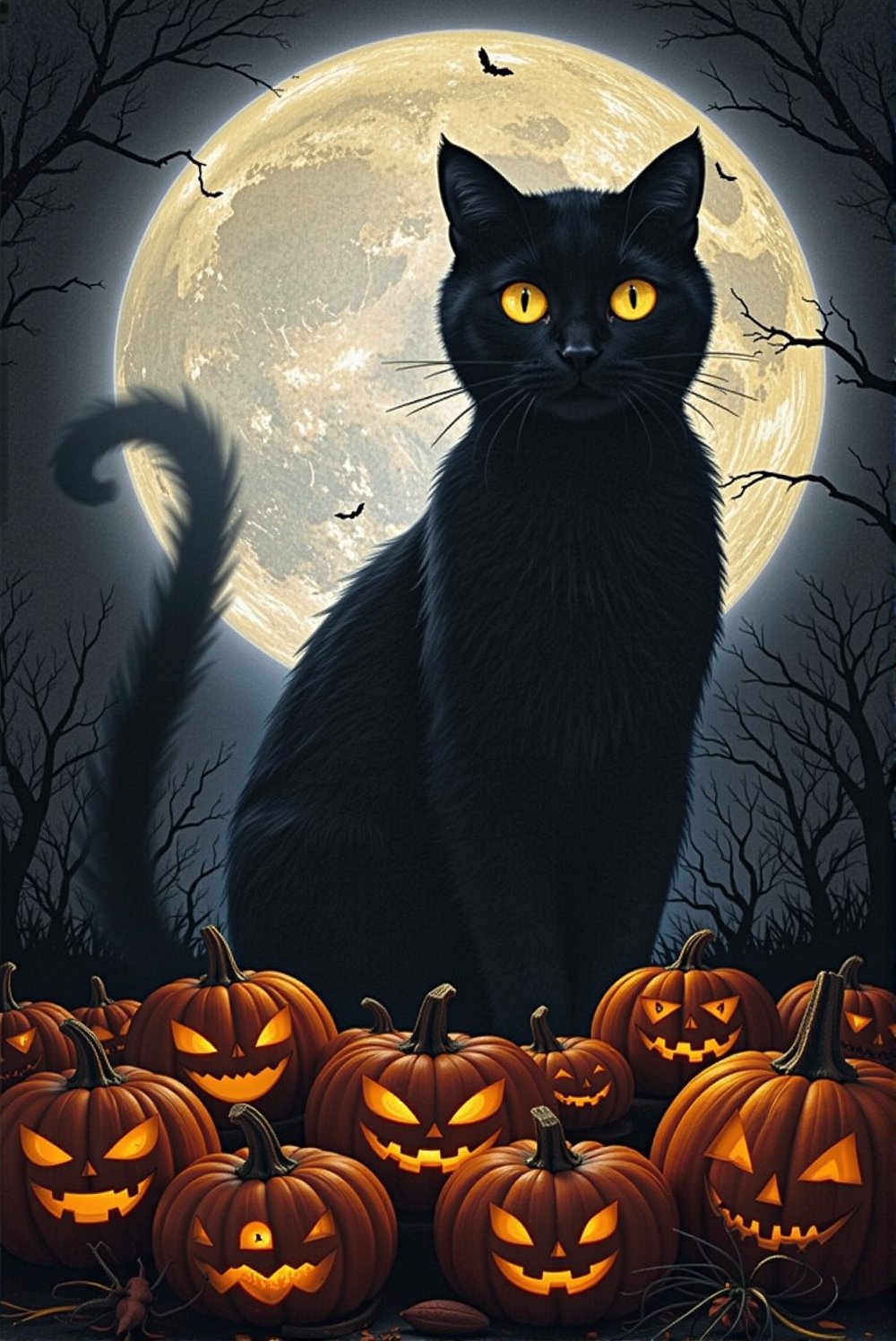 A giant black cat among pumpkins — a huge shadow of a black cat is visible against the background of a full moon, its eyes glow in the dark. She is surrounded by arranged pumpkins with sly, beaming faces