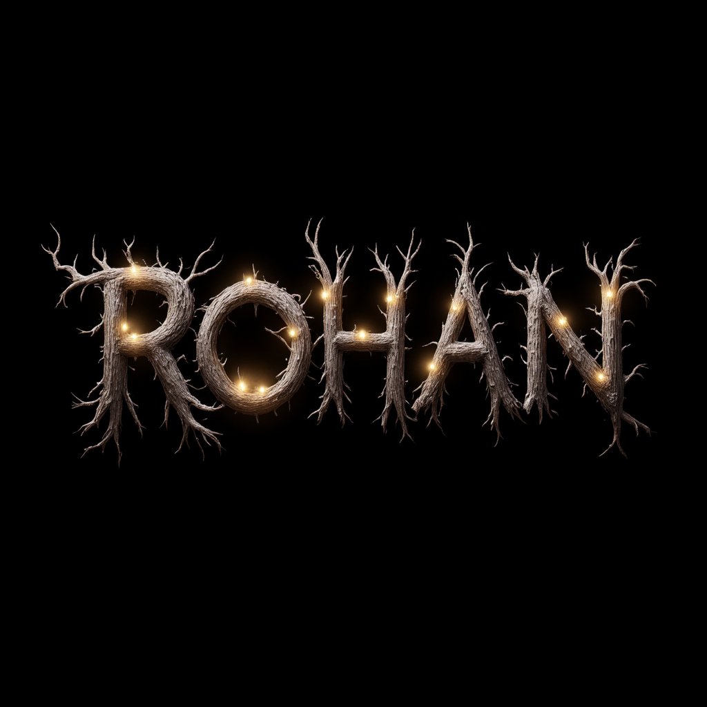 Haunted Forest Style: "Create a 'ROHAN' logo where the letters are made from twisted, gnarled branches of dead trees. The skeletal branches should be dark and sinister, with faint, eerie wisps of fog curling around them. Glowing eyes peering from the shadows of the letters should stand out against the entirely black background, giving a haunted, cursed forest effect."