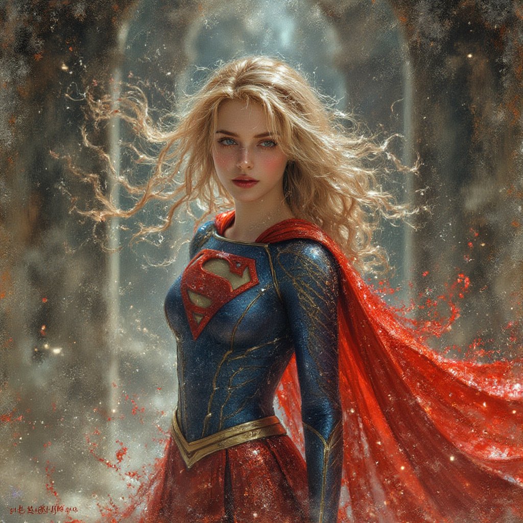 supergirl, best quality, cinematic movie poster,full body, by .M. Barrie,sacrifices, serenity, pixie dust , atmospheric,  faerie., (concept art illustration), (Wassily Kandinsky), (wabi-sabi:1.4), highly detailed, minimalist style, subtle brushwork,shabby chic,,fine art,epic, Giovanni Boldini, William Blake, (Elsa Beskow:1.2), (Léon Bakst:1.3), haute-couture, insane details, 