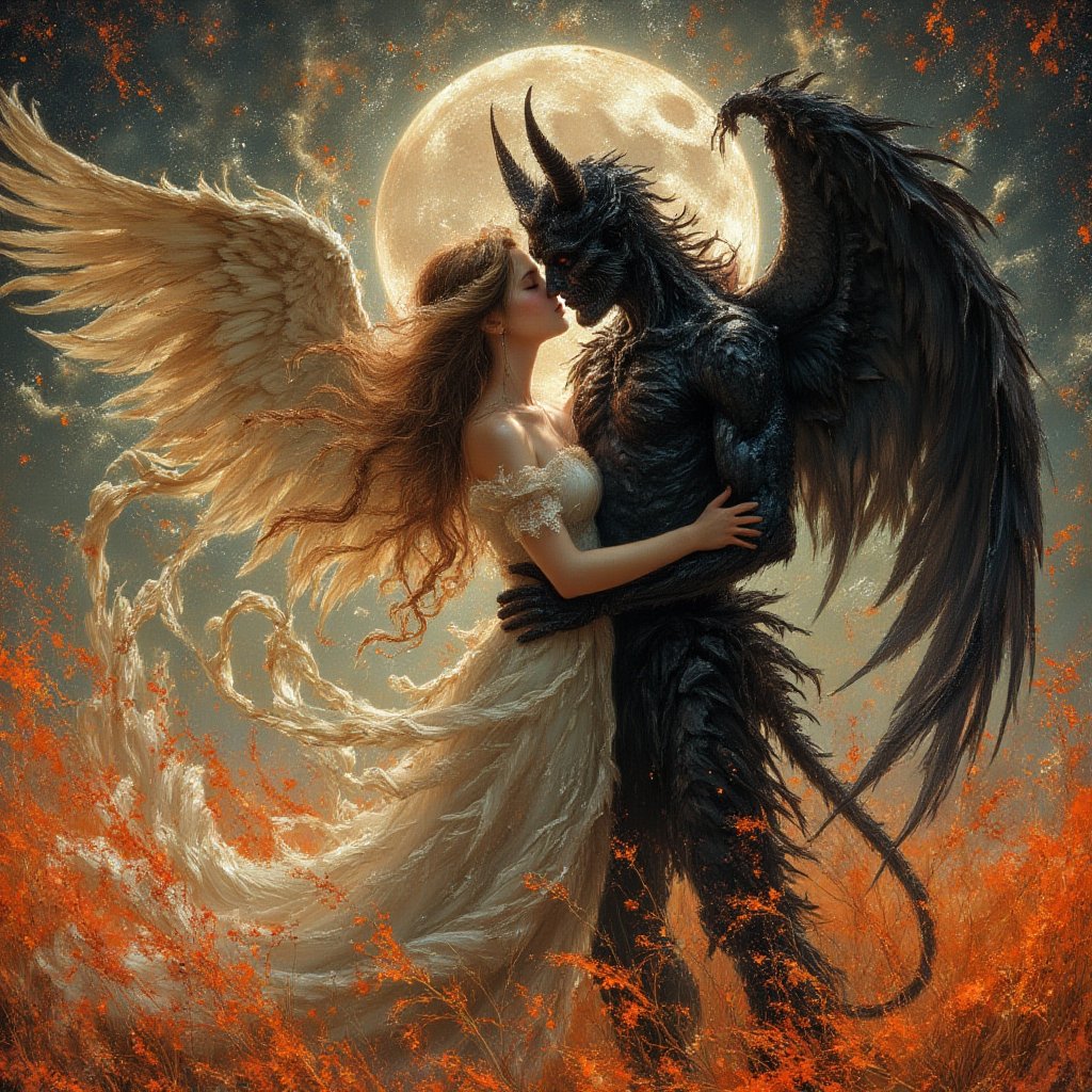 a beautiful angel and a demon embrace each other, shadow work, dark kisses, moon glow, sunbeam,orange grasssy collage, best quality, cinematic movie poster,full body, by .M. Barrie,sacrifices, serenity, pixie dust , atmospheric,  faerie., (concept art illustration), (Wassily Kandinsky), (wabi-sabi:1.4), highly detailed, minimalist style, subtle brushwork,shabby chic,,fine art,epic, Giovanni Boldini, William Blake, (Elsa Beskow:1.2), (Léon Bakst:1.3), haute-couture, insane details, 


