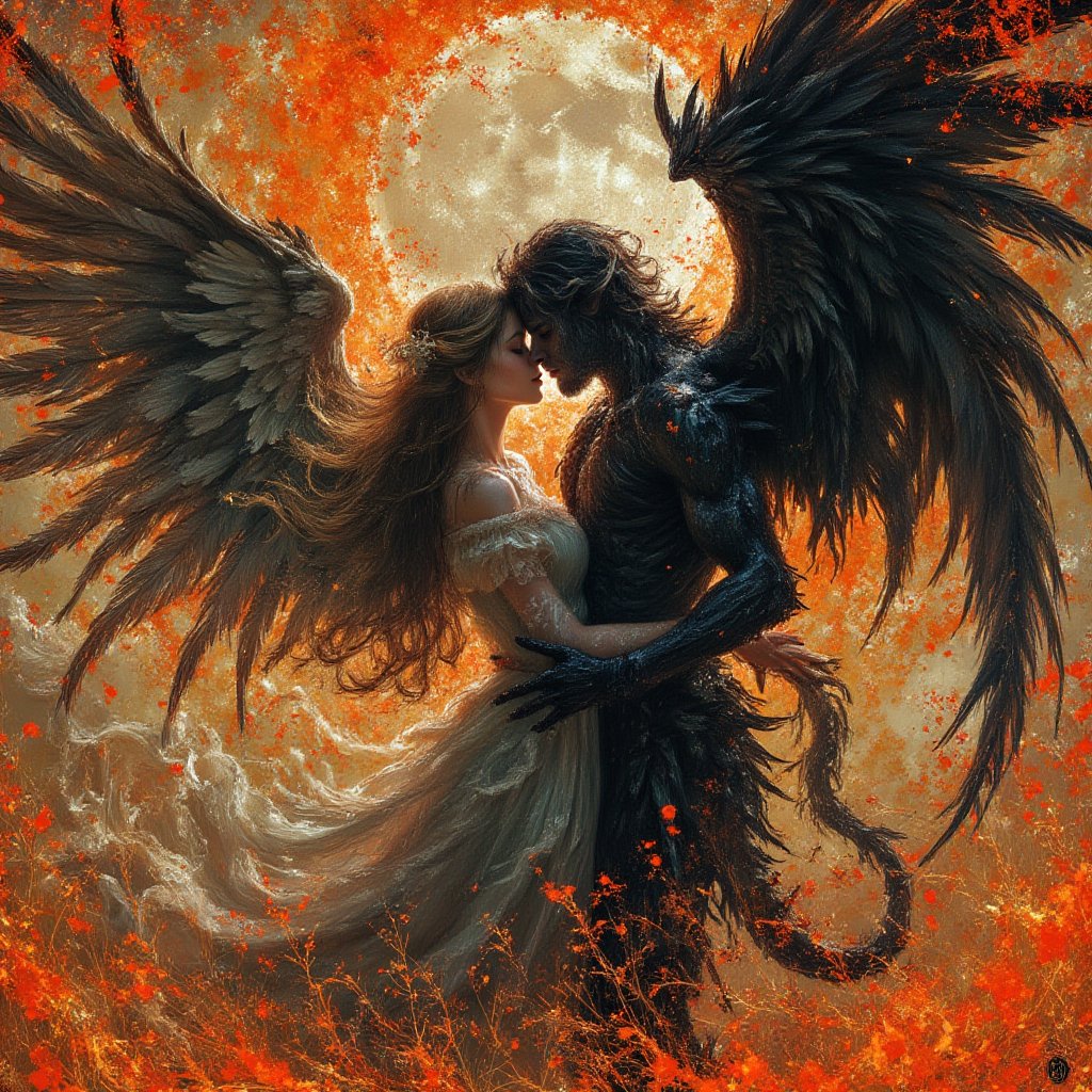 a beautiful angel and a demon embrace each other, shadow work, dark kisses, moon glow, sunbeam,orange grasssy collage, best quality, cinematic movie poster,full body, by .M. Barrie,sacrifices, serenity, pixie dust , atmospheric,  faerie., (concept art illustration), (Wassily Kandinsky), (wabi-sabi:1.4), highly detailed, minimalist style, subtle brushwork,shabby chic,,fine art,epic, Giovanni Boldini, William Blake, (Elsa Beskow:1.2), (Léon Bakst:1.3), haute-couture, insane details, 


