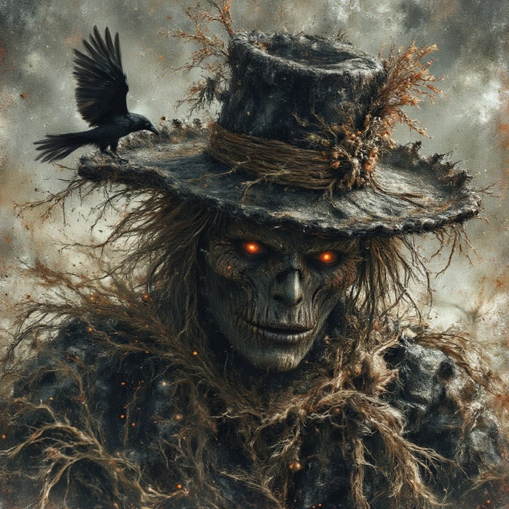 Japanese pangu as scarecrow and a crow, dark, gloomy, moody, horror,intense, splash paint art background, dynamic composition,  by james jean, robert hagan,Robert Campin, Yoji Shinkawa, Akira Toriyama, UHD, Ultra detail, ultra realistic, ultra smooth, intricate masterpiece, volumetric cinematic light perfect,  simple line art, very minimalistic, minimalist illustration, watercolor, uhd, ultra detailed, ultra smooth,  dramatic, moody, dark, best quality, cinematic movie poster,full body, masterpiece, by Arthur rackham, .M. Barrie,sacrifices, serenity, pixie dust , atmospheric, faerie., (concept art illustration), (Wassily Kandinsky), (wabi-sabi:1.4), highly detailed, minimalist style, subtle brushwork,shabby chic,,fine art,epic, Giovanni Boldini, William Blake, (Elsa Beskow:1.2), (Léon Bakst:1.3), haute-couture, insane details,ArsMJStyle, 