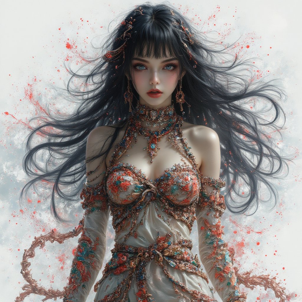  in a dynamic composition, white splashed paint background. Her full-body figure is rendered in minimalist simple line art style with intricate details. super detailed, super realistic, beautiful  girl with long hair and blunt bangs, wearing sexy costume, long straight black hair,, off shoulder, (beautiful blue eyes), almond eyes, intricate textiles decorated with colorful and intricate geometric patterns, arms decorated with decorative embroidery, beautiful crystal blue eyes, almond eyes, complex fabric decorated with colorful and intricate geometric patterns, white, red and green and other earth tones clothes,Midjourney_Whisper,Midjourney art v2 