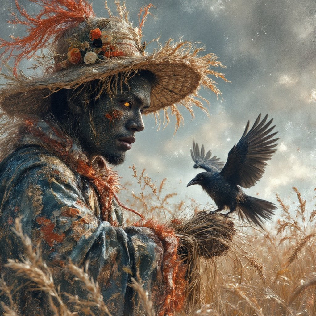 Japanese pangu as scarecrow and a crow, at wheat field, full body,dark, gloomy, moody, horror,intense, splash paint art background, dynamic composition,  by james jean, robert hagan,Robert Campin, Yoji Shinkawa, Akira Toriyama, UHD, Ultra detail, ultra realistic, ultra smooth, intricate masterpiece, volumetric cinematic light perfect,  simple line art, very minimalistic, minimalist illustration, watercolor, uhd, ultra detailed, ultra smooth,  dramatic, moody, dark, best quality, cinematic movie poster,full body, masterpiece, by Arthur rackham, .M. Barrie,sacrifices, serenity, pixie dust , atmospheric, faerie., (concept art illustration), (Wassily Kandinsky), (wabi-sabi:1.4), highly detailed, minimalist style, subtle brushwork,shabby chic,,fine art,epic, Giovanni Boldini, William Blake, (Elsa Beskow:1.2), (Léon Bakst:1.3), haute-couture, insane details,ArsMJStyle, 