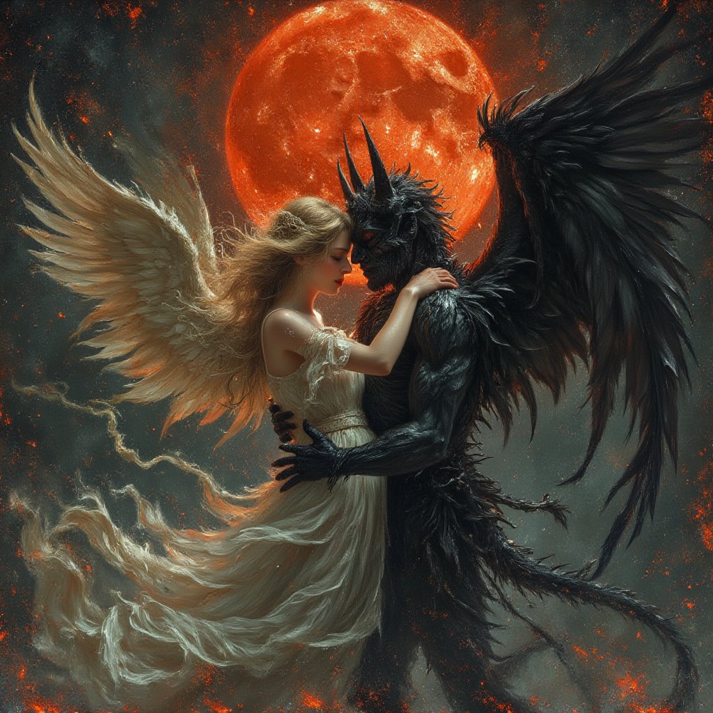 an beautiful angel embracing a demon, full red moon, dramatic. best quality, cinematic movie poster,full body, by .M. Barrie,sacrifices, serenity, pixie dust , atmospheric,  faerie., (concept art illustration), (Wassily Kandinsky), (wabi-sabi:1.4), highly detailed, minimalist style, subtle brushwork,shabby chic,,fine art,epic, Giovanni Boldini, William Blake, (Elsa Beskow:1.2), (Léon Bakst:1.3), haute-couture, insane details, 


