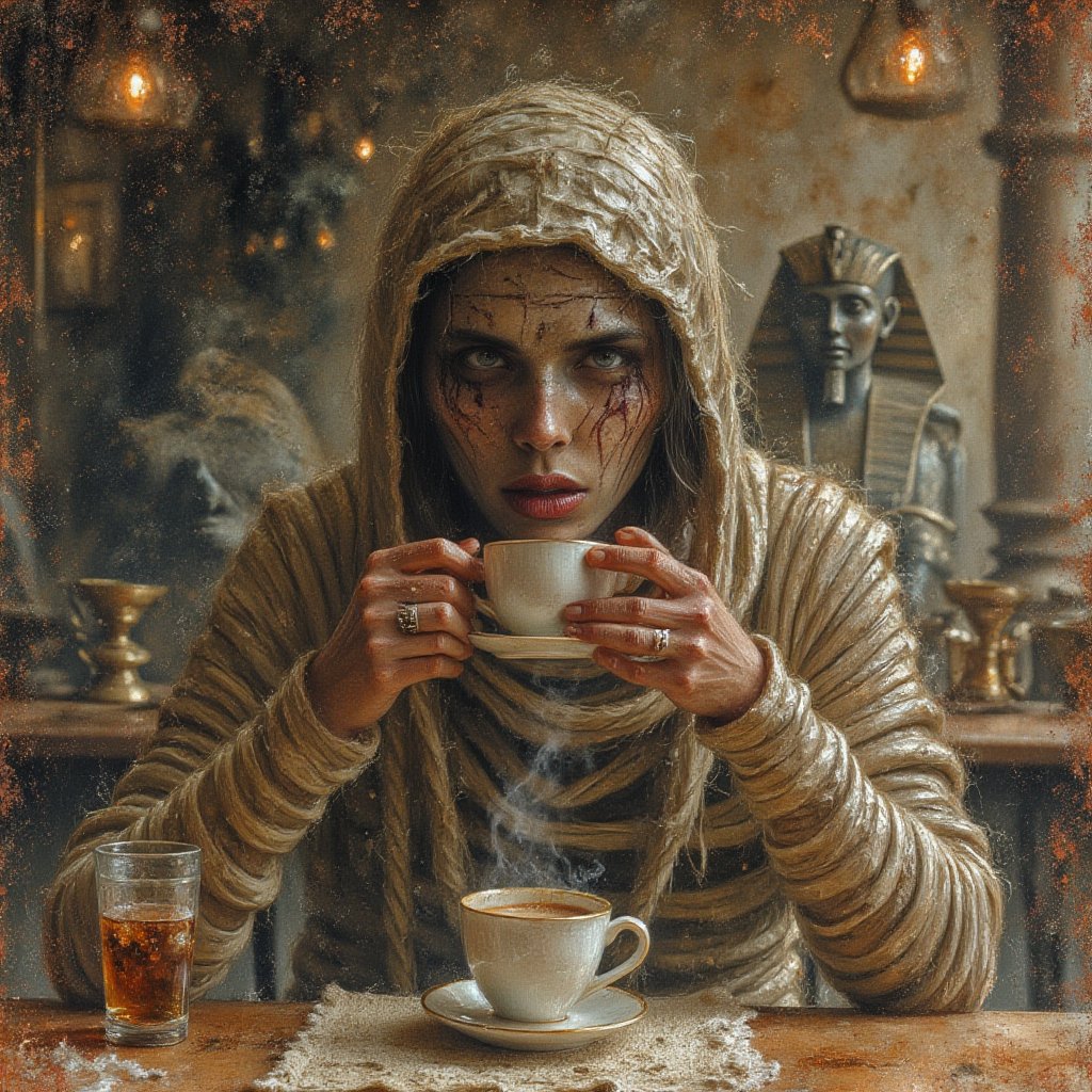 a scary face mummy drinking hot coffe, at cafe, near sphinx statue, full body, by .M. Barrie,sacrifices, serenity, pixie dust , atmospheric,  faerie., (concept art illustration), (Wassily Kandinsky), (wabi-sabi:1.4), highly detailed, minimalist style, subtle brushwork,shabby chic,,fine art,epic, Giovanni Boldini, William Blake, (Elsa Beskow:1.2), (Léon Bakst:1.3), haute-couture, insane details, 


