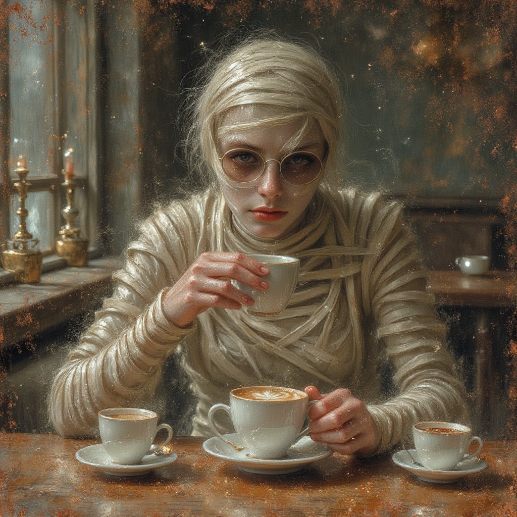 a mummy drinking hot coffe, at cafe, full body, by .M. Barrie,sacrifices, serenity, pixie dust , atmospheric,  faerie., (concept art illustration), (Wassily Kandinsky), (wabi-sabi:1.4), highly detailed, minimalist style, subtle brushwork,shabby chic,,fine art,epic, Giovanni Boldini, William Blake, (Elsa Beskow:1.2), (Léon Bakst:1.3), haute-couture, insane details, 


