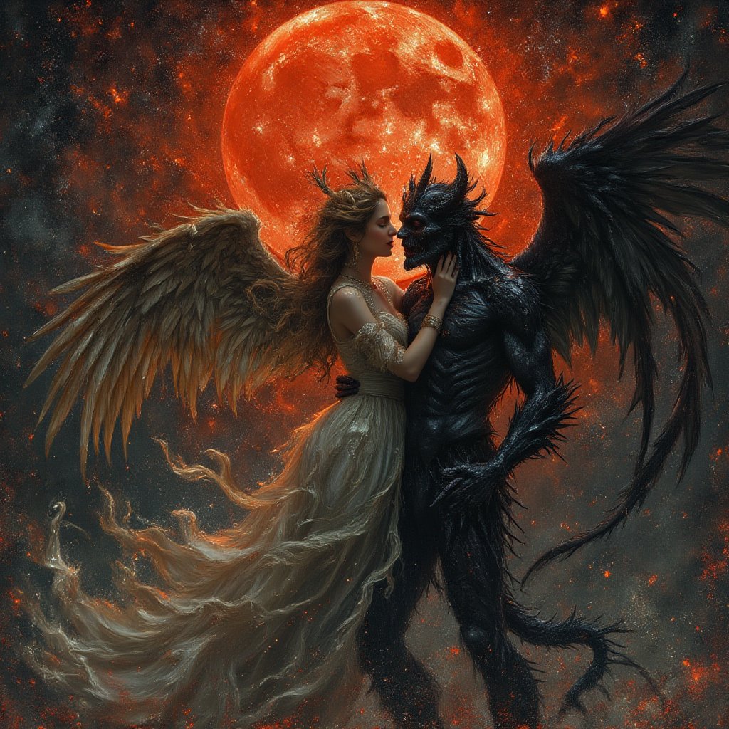 an beautiful angel embracing a demon, full red moon, dramatic. best quality, cinematic movie poster,full body, by .M. Barrie,sacrifices, serenity, pixie dust , atmospheric,  faerie., (concept art illustration), (Wassily Kandinsky), (wabi-sabi:1.4), highly detailed, minimalist style, subtle brushwork,shabby chic,,fine art,epic, Giovanni Boldini, William Blake, (Elsa Beskow:1.2), (Léon Bakst:1.3), haute-couture, insane details, 


