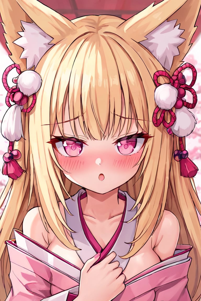 Blushing fox girl with long blonde hair, pink eyes in a pink kimono 