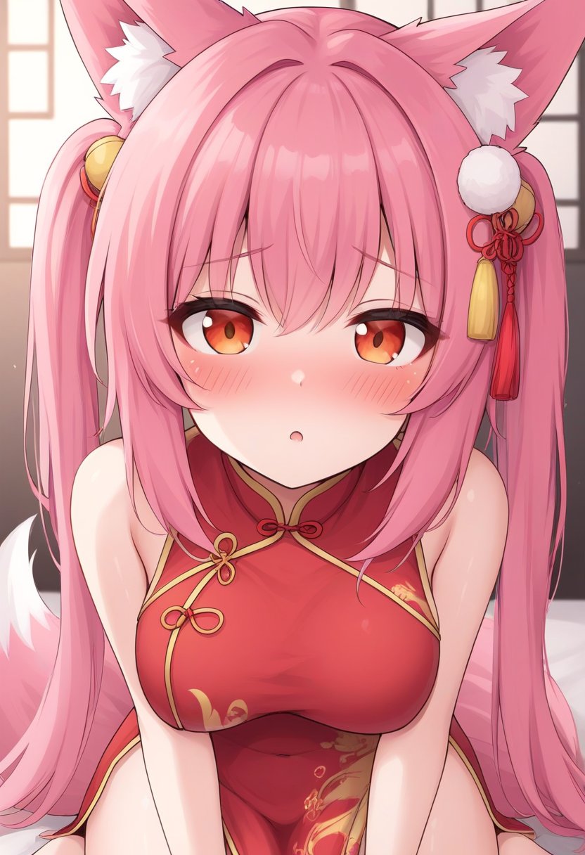 Blushing fox girl with long pink hair in a Chinese dress 