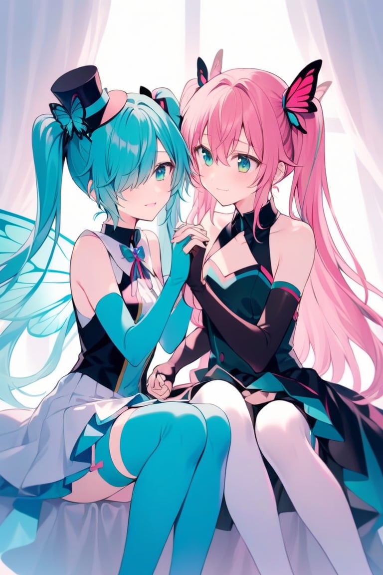 long hair, blue eyes, multiple girls, hair ornament, thighhighs, gloves, hat, dress, 2girls, twintails, sitting, very long hair, pink hair, red hair, wings, elbow gloves, fingerless gloves, yuri, hair over one eye, aqua hair, holding hands, interlocked fingers, mini hat, top hat, butterfly hair ornament, mini top hat, butterfly wings, hatsune miku, megurine luka