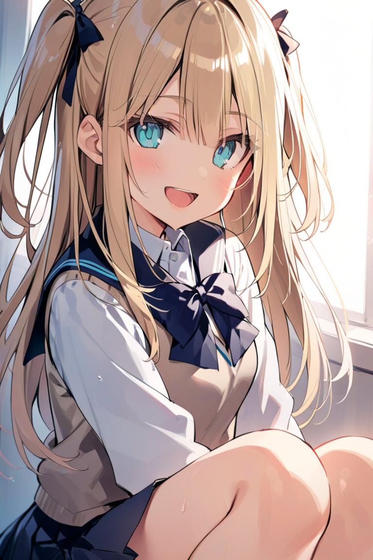 1girl, solo, long hair, smile, open mouth, school uniform, :d, two side up, blonde hair , aqua_eyes