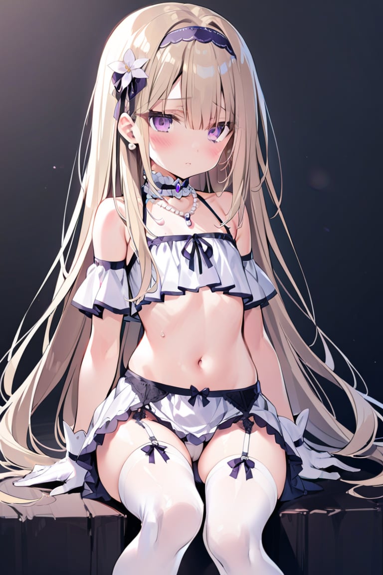 1girl

solo

long hair

blush

blonde hair

hair ornament

thighhighs

gloves

ribbon

navel

jewelry

sitting

very long hair

purple eyes

flower

hairband

frills

open clothes

necklace

flat chest

white thighhighs

garter belt

hair censor

pearl necklace

pearl \(gemstone\)

