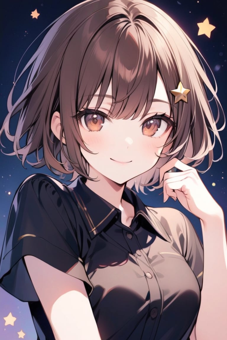 1girl, solo, looking at viewer, smile, short hair, bangs, brown hair, shirt, hair ornament, brown eyes, closed mouth, upper body, short sleeves, collared shirt, star \(symbol\), black shirt