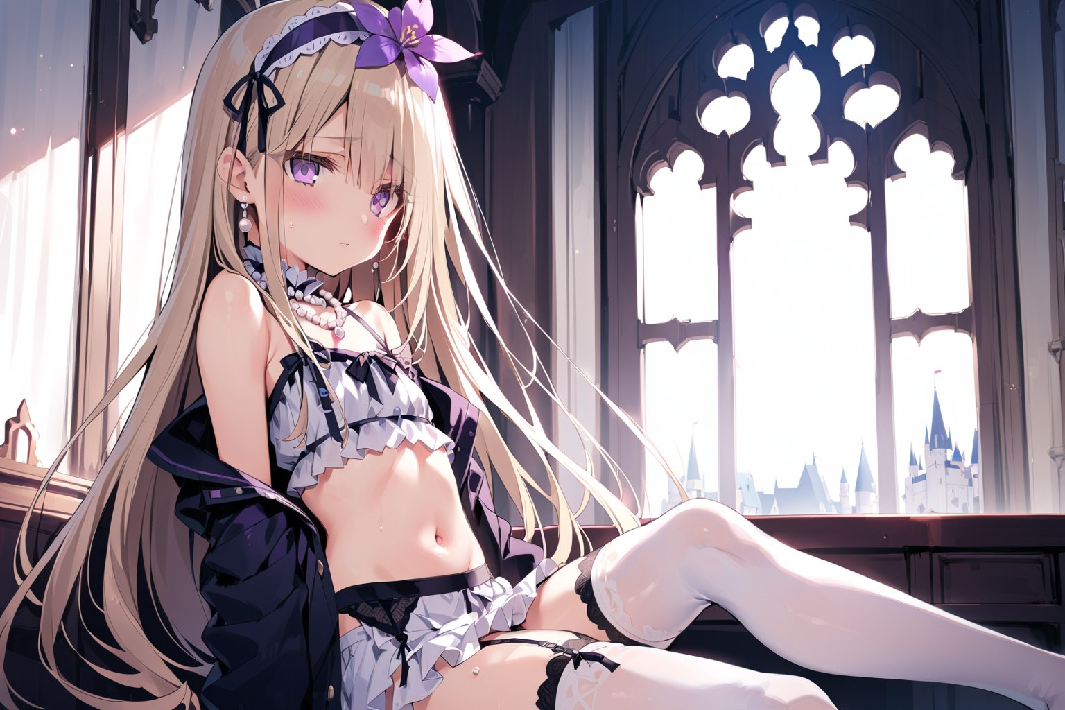 1girl

solo

long hair

blush

blonde hair

hair ornament

thighhighs

gloves

ribbon

navel

jewelry

sitting

very long hair

purple eyes

flower

hairband

frills

open clothes

necklace

flat chest

white thighhighs

garter belt

hair censor

pearl necklace

pearl \(gemstone\)

indoor

castle