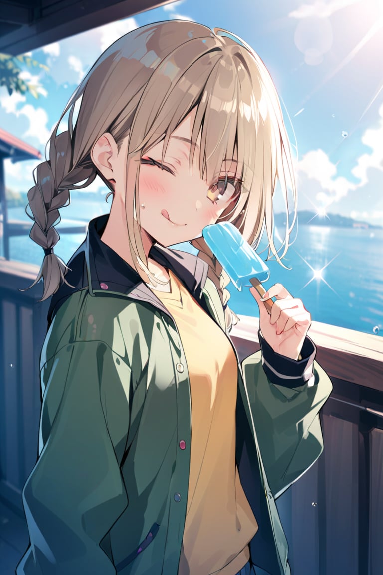 1girl, solo, long hair, looking at viewer, blush, smile, bangs, blonde hair, brown hair, shirt, long sleeves, holding, twintails, brown eyes, jacket, braid, outdoors, one eye closed, food, open clothes, sky, day, tongue, cloud, tongue out, twin braids, open jacket, sparkle, holding food, blue jacket, popsicle, yellow shirt, green jacket, ;q