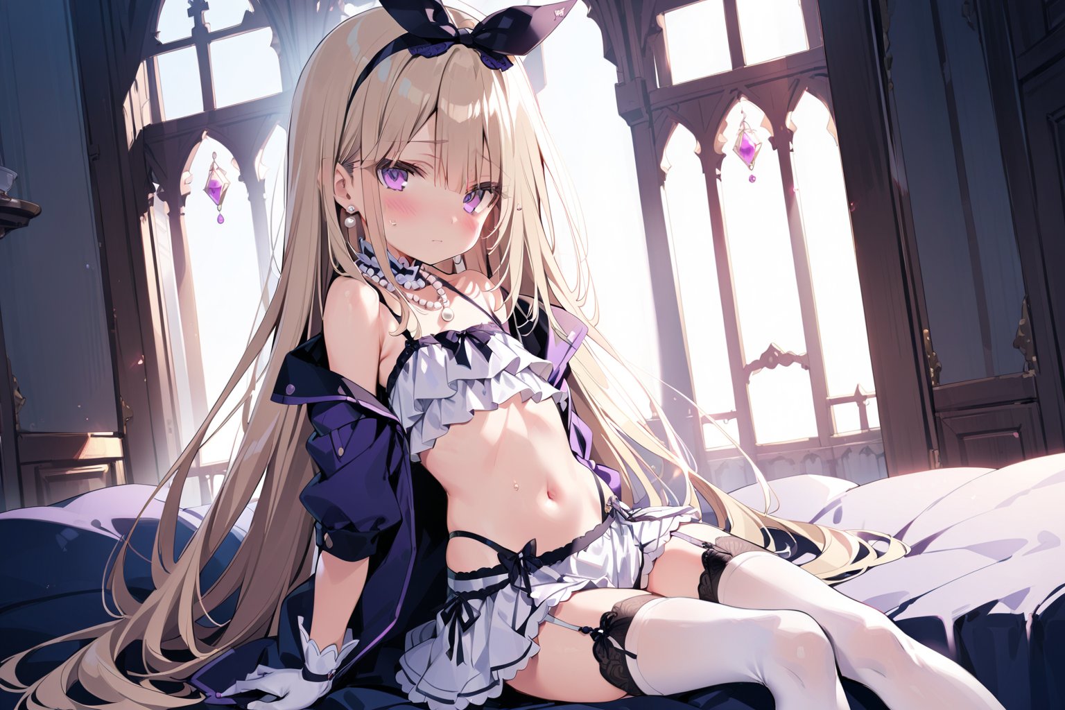 1girl

solo

long hair

blush

blonde hair

hair ornament

thighhighs

gloves

ribbon

navel

jewelry

sitting

very long hair

purple eyes

flower

hairband

frills

open clothes

necklace

flat chest

white thighhighs

garter belt

hair censor

pearl necklace

pearl \(gemstone\)

indoor

castle