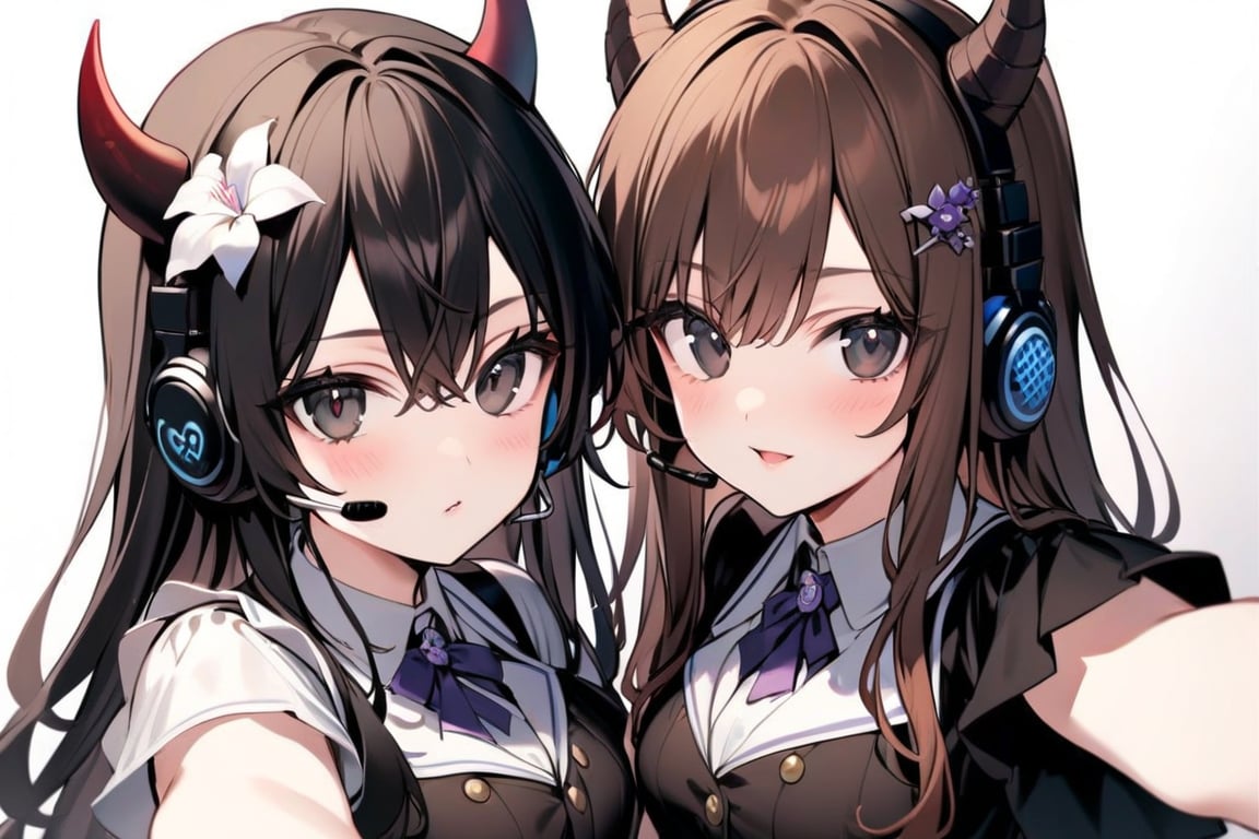 long hair, looking at viewer, multiple girls, brown hair, black hair, hair ornament, 2girls, flower, horns, hair flower, black eyes, cosplay, microphone, headset, selfie