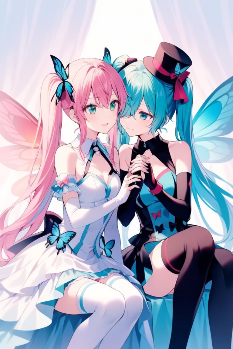 long hair, blue eyes, multiple girls, hair ornament, thighhighs, gloves, hat, dress, 2girls, twintails, sitting, very long hair, pink hair, red hair, wings, elbow gloves, fingerless gloves, yuri, hair over one eye, aqua hair, holding hands, interlocked fingers, mini hat, top hat, butterfly hair ornament, mini top hat, butterfly wings, hatsune miku, megurine luka