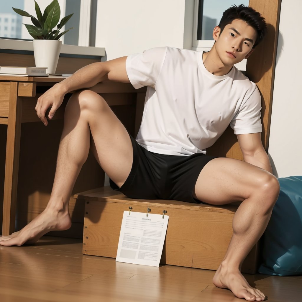 
solo, looking at viewer, short hair, shirt, black hair, 1boy, white shirt, male focus, shorts, barefoot, indoors, feet, book, toes, soles, bottle, t-shirt, realistic ,a medium-sized Asian man, wearing a white short-sleeved t-shirt, is seated on a bed with his legs crossed. His feet are crossed in front of him, resting on a wooden desk. The desk is adorned with a stack of papers, a container of coffee, and a few other objects. The man's gaze is directed towards the right side of the frame, while his left foot rests on a white napkin, adding a touch of warmth to the scene. The backdrop, a window with a metal railing, is visible through the window. Through the window, a view of trees can be seen.