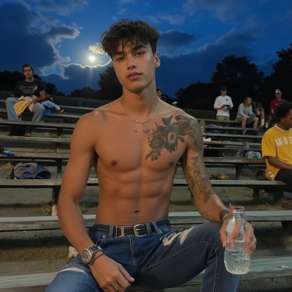 male, tall, he is muscular fit, his face is handsome with a stronger jawline,he without wearing , muscle, he has short kinda curly hair, he has caramel colord eyes, he is sitting the bleachers at a school football game, he has blue dennim jeans on that are ripped at the knee, he is caucasian and has a tan, and has some frekles around his nose and cheeks, he has a glass soda bottle in his hand, its in the evening so the sky is a dark blue shade and clouds blocking some of the bright moon, he has a faint stubble around his jawline and upper lip, he has a few rings on his fingers, and a few visible tattoos, there are other people sitting higher up on the bleachers,