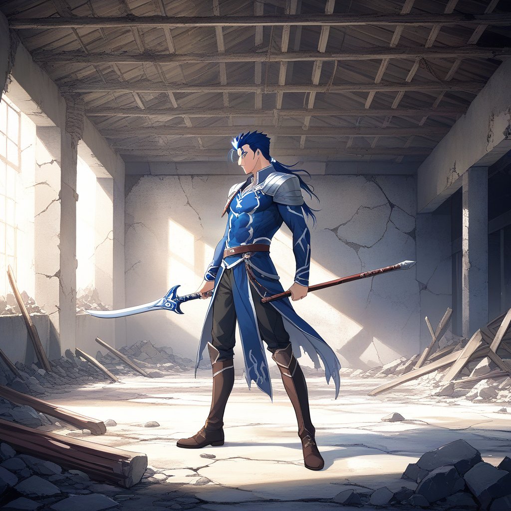 Cú Chulainn stands in a dilapidated warehouse, with dramatic lighting casting shadows on the cracked walls and debris scattered around. The composition frames him in a dynamic pose, emphasizing his rugged presence amidst the decay. His attire and weapons are detailed, contrasting with the worn environment.