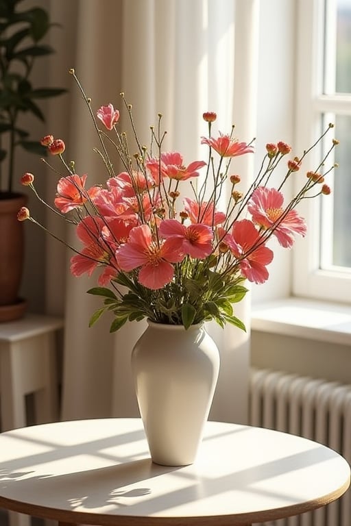 beautiful flowers in a cone-shaped vase, on a table in a beautiful room, daylight, 4k