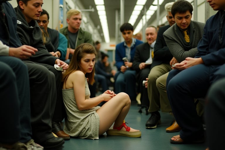 A young professional woman sits uncomfortably on the floor of a crowded public transportation vehicle, her legs bent to accommodate a sudden need to urinate. Amidst the sea of strangers, she's surrounded by disapproving glances from fellow passengers, their faces etched with disgust and judgment. The bus's fluorescent lighting casts an unforgiving glare, highlighting every detail of her mortified expression. In this photorealistic depiction, every crease on her dress, every strand of hair, and every drop of urine is meticulously rendered in high definition.