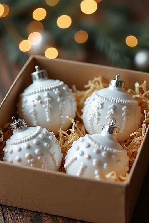 set of 4 beautiful ceramic white Christmas tree balls lies in a corton brown box on a backing of colored paper shavings, photorealism, high detail, beautiful bokeh