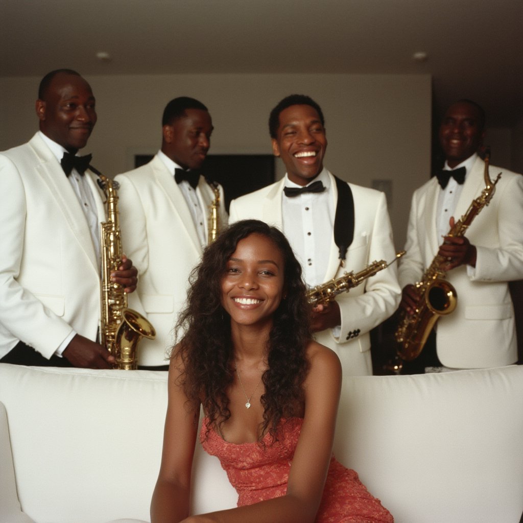 long shot, beautiful young woman smiling and sitting on white sofa, right behind the back of the sofa are five African American jazzmen in white tuxedos with musical instruments and looking at the woman