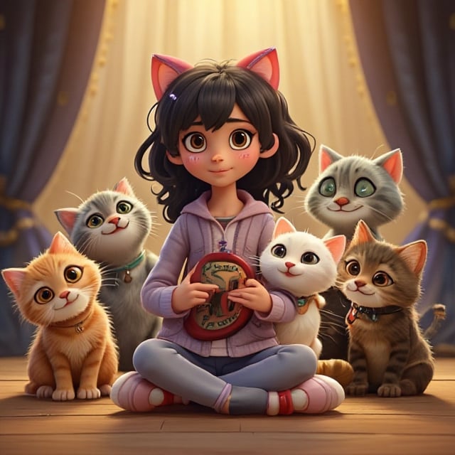 person girl with dark hair sits surrounded by five cute kittens musicians of different colors