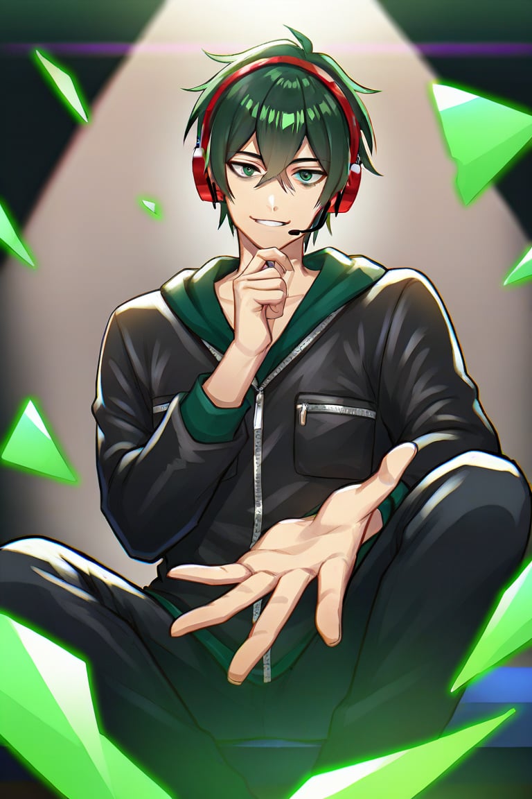 Living room,, sunlight, male focus, top quality, smiling, right hand to us.,score_9,score_8_up,score_7_up,score_6_up,score_5_up,score_4_up,source_anime,BREAK,SYKN,green eyes,green hair,dark circles under the eyes,headset,red headphones,short hair,Black jacket,
Black long pants,