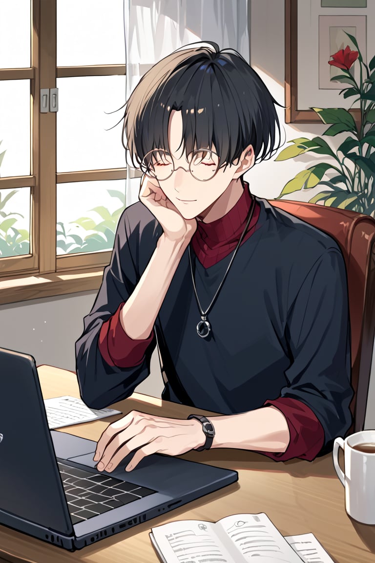 score_9,score_8_up,score_7_up,score_6_up,score_5_up,score_4_up,source_anime,yumeoi kakeru,black hair,red eyes,round glasses.
a man in a sleeping with his eyes closed.Sitting in a chair. His left hand is resting on the table, while his right hand rests on the laptop. The laptop is on the left side of the image, resting on a light brown wooden table. The backdrop is a Warm wood-grained walls. The curtains of a nearby window are swaying in the wind.