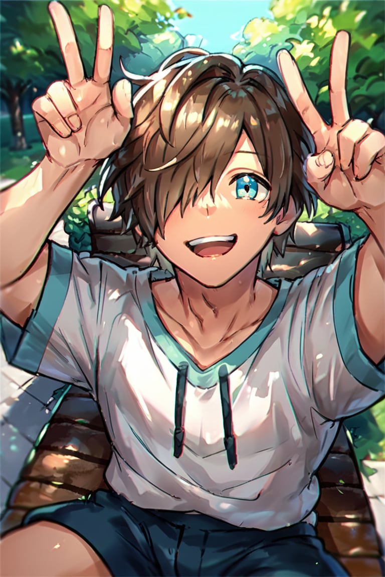 BREAK, 1boy, male focus, looking at viewer, close up, from above, smile, open mouth, hands up, peace sign, park, sitting on bench
,NAKAMU,Light blue eyes,brown hair,hair over one eye,score_9,score_8_up,score_7_up,score_6_up,score_5_up,score_4_up,source_anime,Expressiveh,POVSIT,FROM BELOW