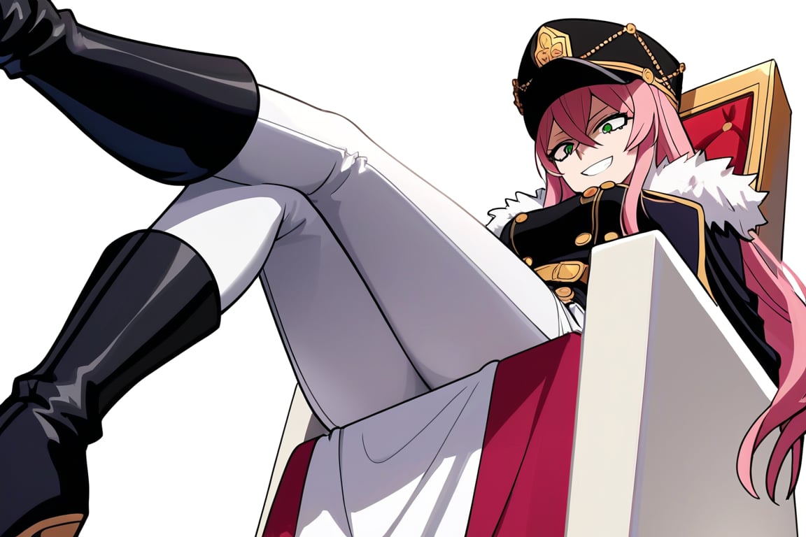 score_9, score_8_up, score_7_up, score_6_up, Masterpiece, best quality, high quality, highres, 4k, BREAK, Source_anime, anime screencap,
1girl, princia, pink hair, long hair, green eyes, white uniform,  white skirt, white pants,  black military cap, white fur trim, black thigh high boots, black jacket, cape, coat, belt, buttons,  black military hat, 

, Sitting,  throne, legs crossed, dominate female, from below, grin, 


, solo, 

, 

,((white background, blank background)):1.4
,Princia