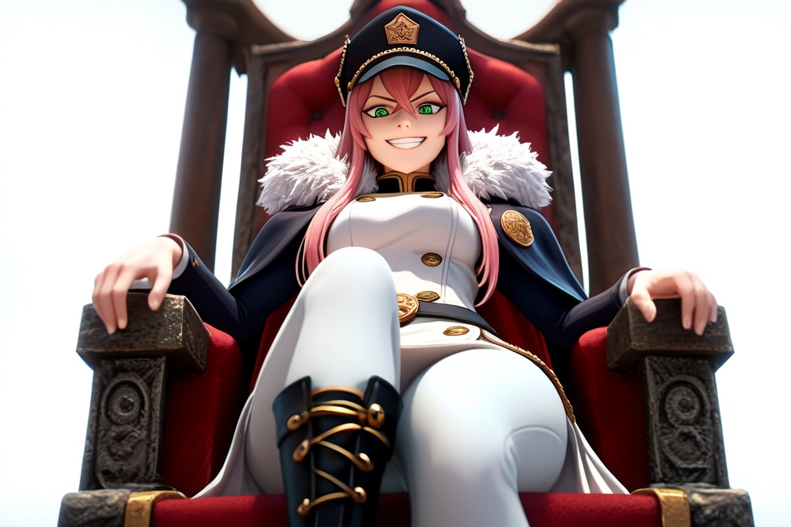 score_9, score_8_up, score_7_up, score_6_up, Masterpiece, best quality, high quality, highres, 4k, BREAK, Source_anime, anime screencap,
1girl, princia, pink hair, long hair, green eyes, white uniform,  white skirt, white pants,  black military cap, white fur trim, black thigh high boots, black jacket, cape, coat, belt, buttons,  black military hat, 

, Sitting,  throne, legs crossed, dominate female, from below, grin, 


, solo, 

, 

,((white background, blank background)):1.4
,Princia