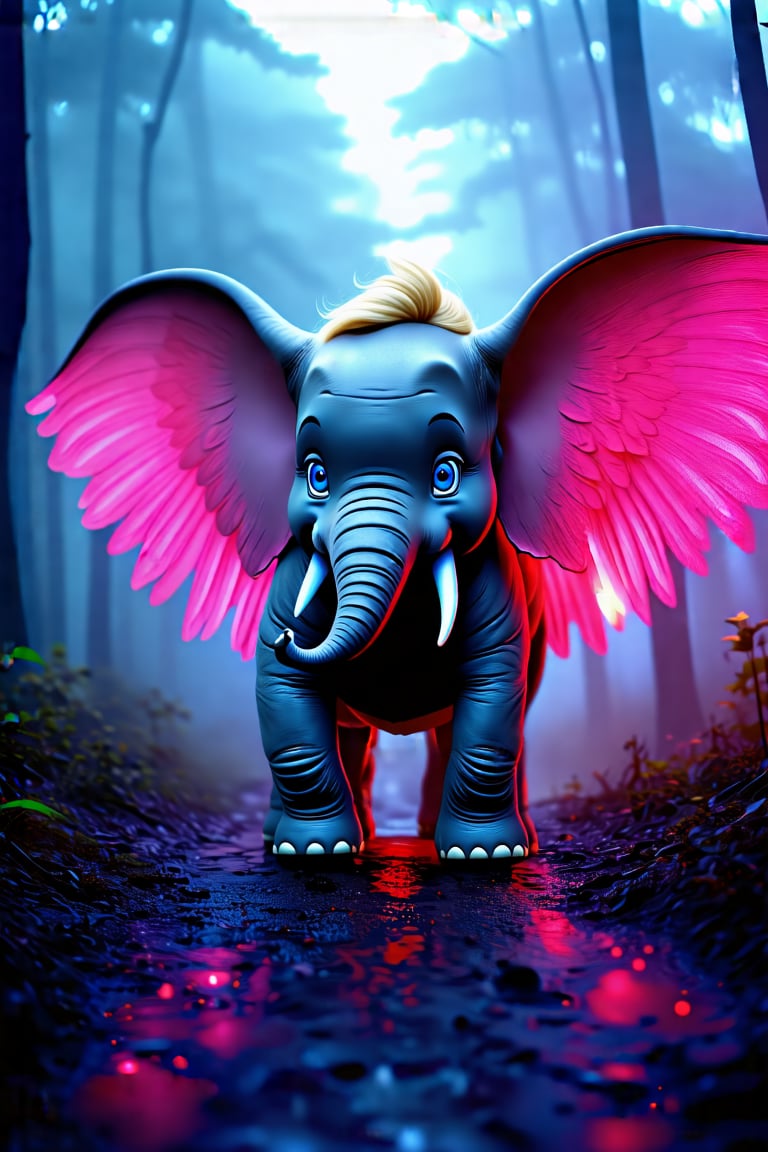 Disney's Dumbo in real life on a psychotropic journey, near him can see pink Demortic elephants,, 4k movie quality movie, in the background can see too much deformed elephants marching, whit baby dumbo in the down part whit dunked face,dark,chiaroscuro,low-key,Midjourneyart
,A striking figure stands at the center, divided evenly down the middle. One half embodies an angelic presence with blonde hair, bright blue eye, and white feathery wings, while the other half exudes a demonic essence with dark, charred skin, burning red eye, black, leathery wings, and fiery horn. The surroundings are a forest with a muted, mystical light, adding an otherworldly atmosphere. The figure’s expression is intense and enigmatic, perfectly balancing light and dark.