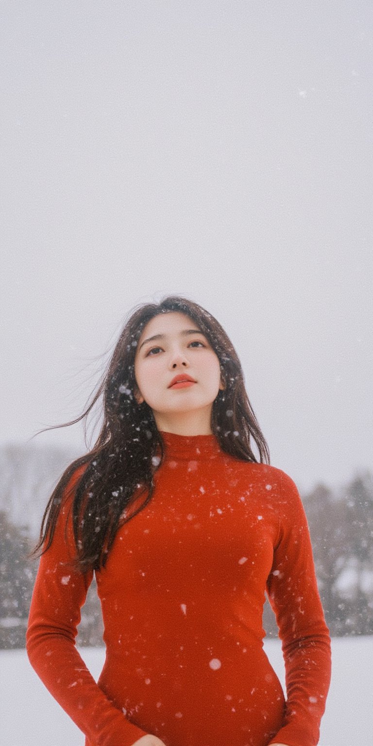 A young woman stands under a blanket of snowflakes gently falling from the gray winter sky. She wears a tight-fitting red dress, her long hair blowing in the gentle breeze as she gazes upwards, lost in thought. The camera frames her from the waist up, with the snowy landscape blurred behind her.,Film Photography