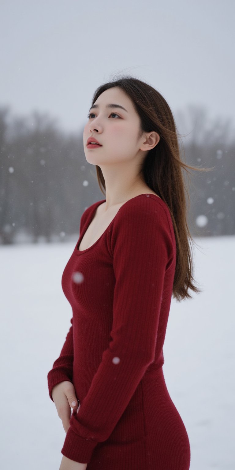 A young woman stands under a blanket of snowflakes gently falling from the gray winter sky. She wears a tight-fitting red dress, her long hair blowing in the gentle breeze as she gazes upwards, lost in thought. The camera frames her from the waist up, with the snowy landscape blurred behind her.