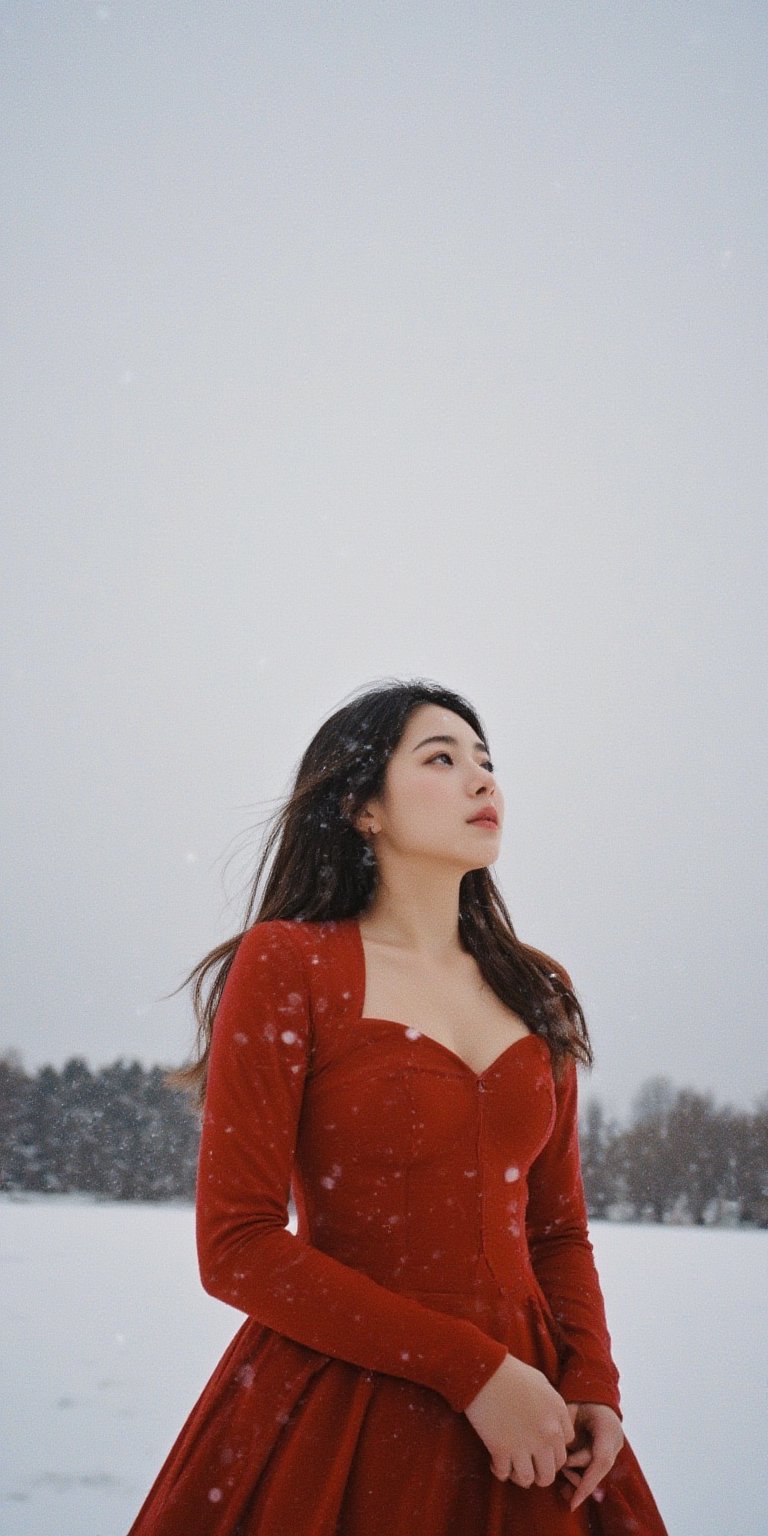 A young woman stands under a blanket of snowflakes gently falling from the gray winter sky. She wears a tight-fitting red dress, her long hair blowing in the gentle breeze as she gazes upwards, lost in thought. The camera frames her from the waist up, with the snowy landscape blurred behind her.,Film Photography