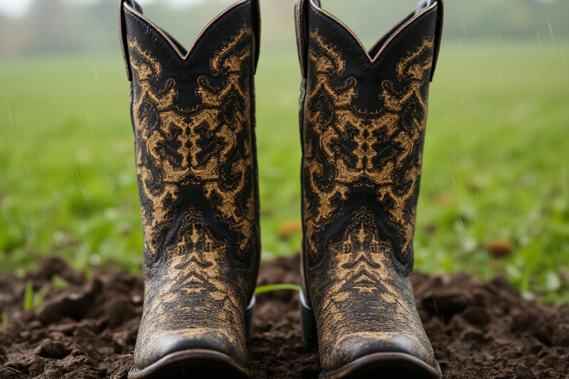Create a highly photorealistic image of a pair of black and tan cowboy boots with rich embellishments and heavily soiled w...