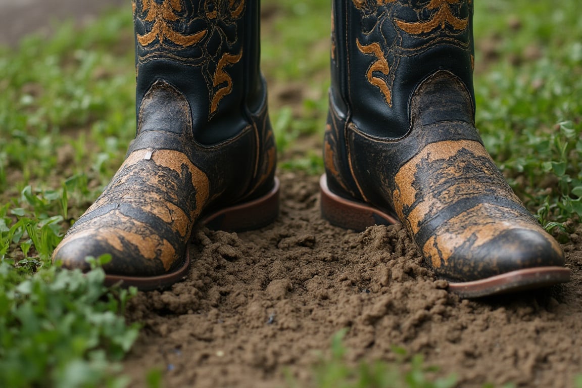 Create a highly photorealistic image of a pair of black and tan cowboy boots with rich embellishments. These are standing on a meadow in the middle of the mud. It is raining and the boots are heavily soiled with mud. Showcasing incredible texture and detail. Meticulously illustrated.



