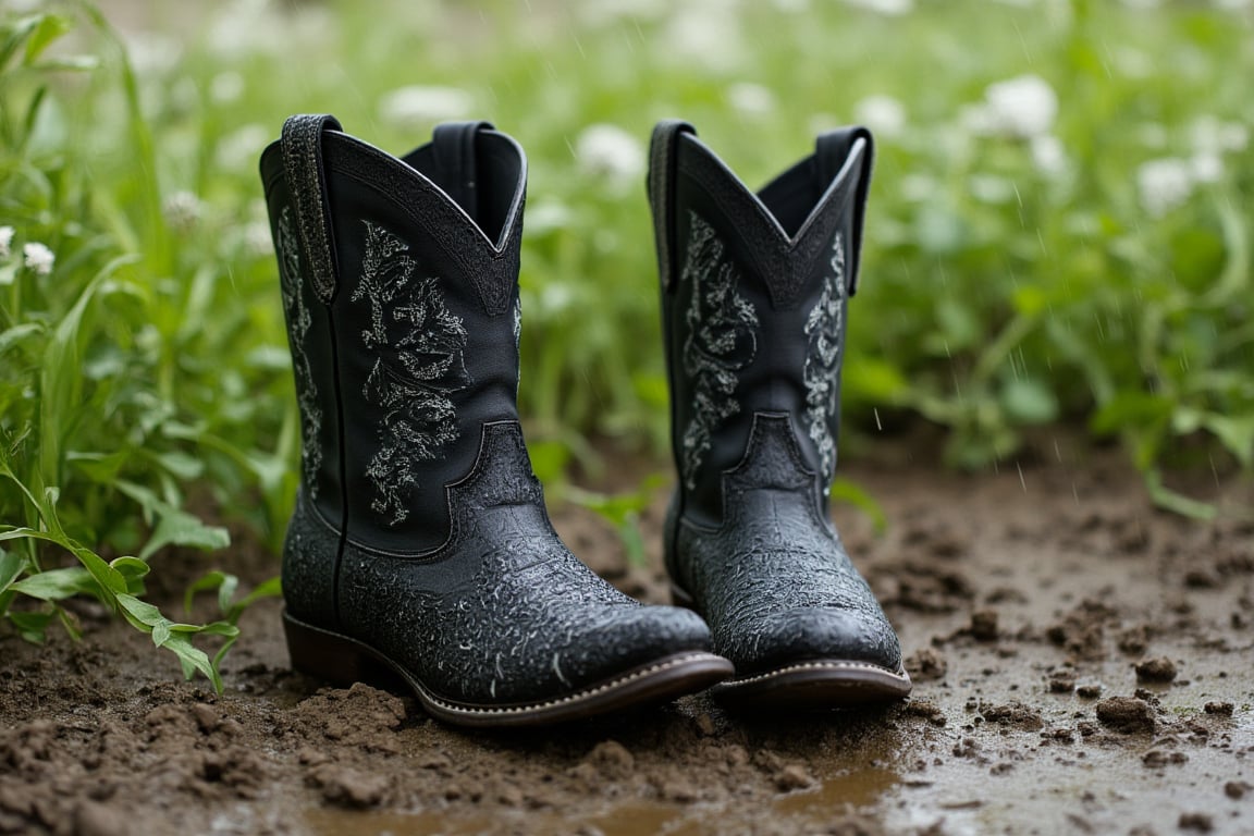 Create a highly photorealistic image of a pair of black cowboy boots with rich embellishments. These are standing on a mea...