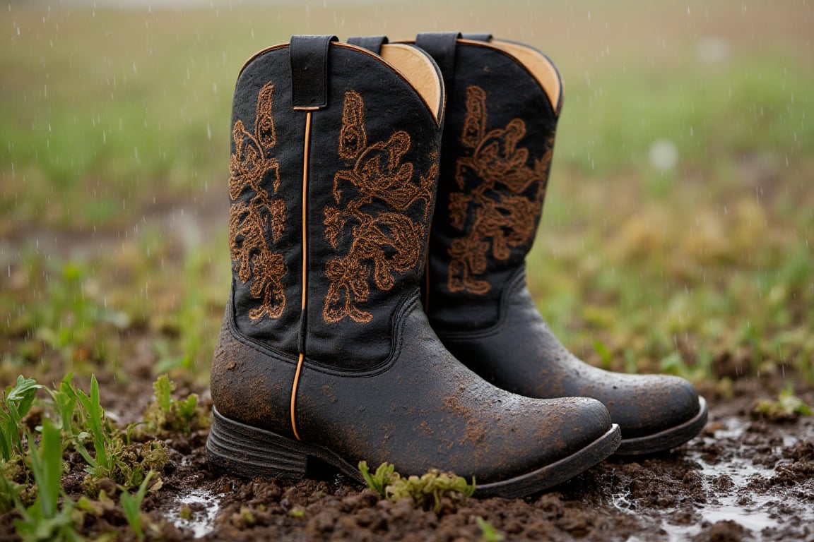 Create a highly photorealistic image of a pair of black and tan cowboy boots with rich embellishments and heavily soiled w...