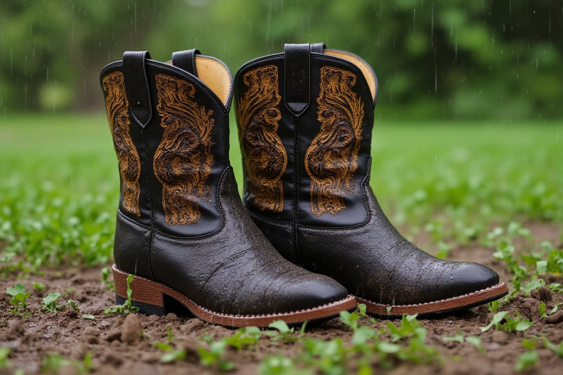 Create a highly photorealistic image of a pair of black and tan cowboy boots with rich embellishments and heavily soiled w...